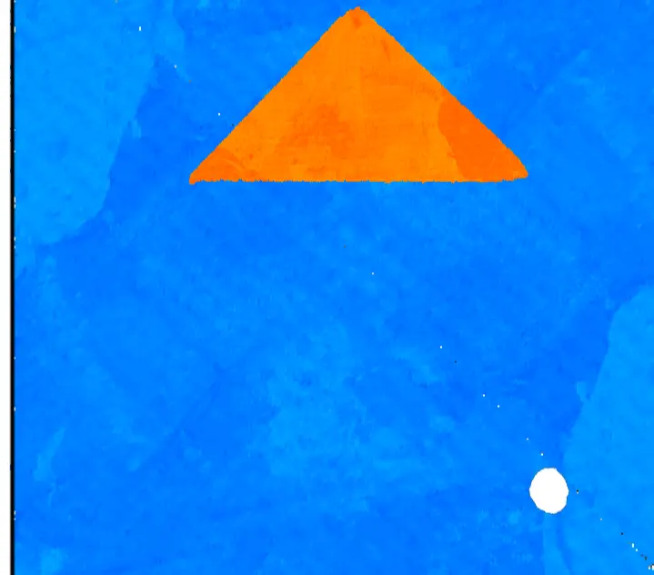 Cover mockup of book three: an orange triangle and a white dot on a blue sky