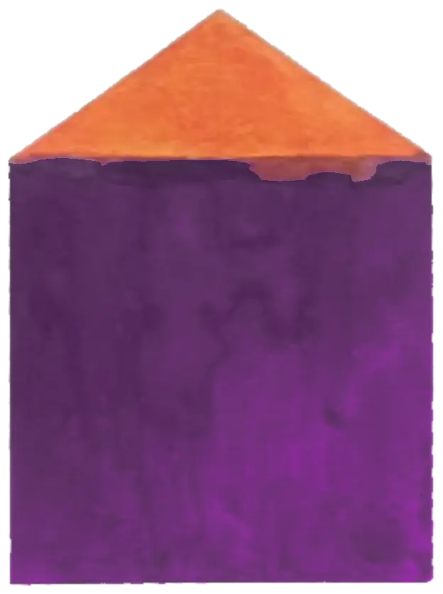 A painted square with an orange triangle on top, standing like a little house